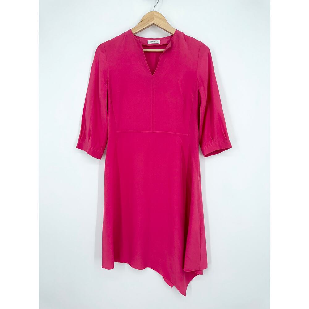 ROSSO35 100% Silk Dress V-Neck 3/4 Sleeve Asymmetric Hem, Bright Pink